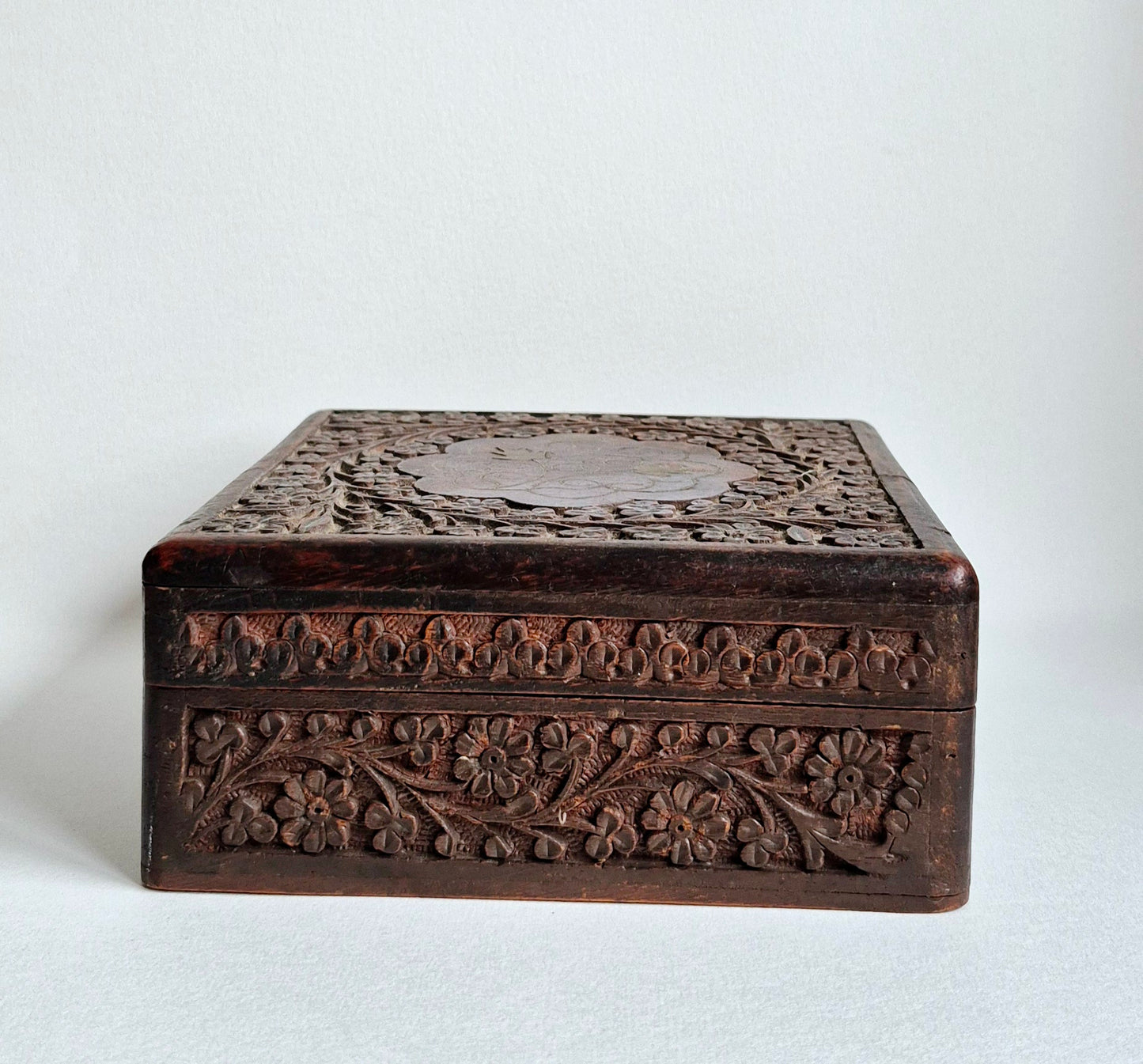 Vintage Heavily Finely Carved Floral Relief and Inlaid Wooden Trinket Box