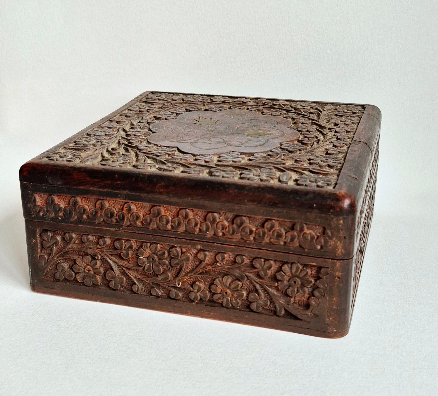 Vintage Heavily Finely Carved Floral Relief and Inlaid Wooden Trinket Box