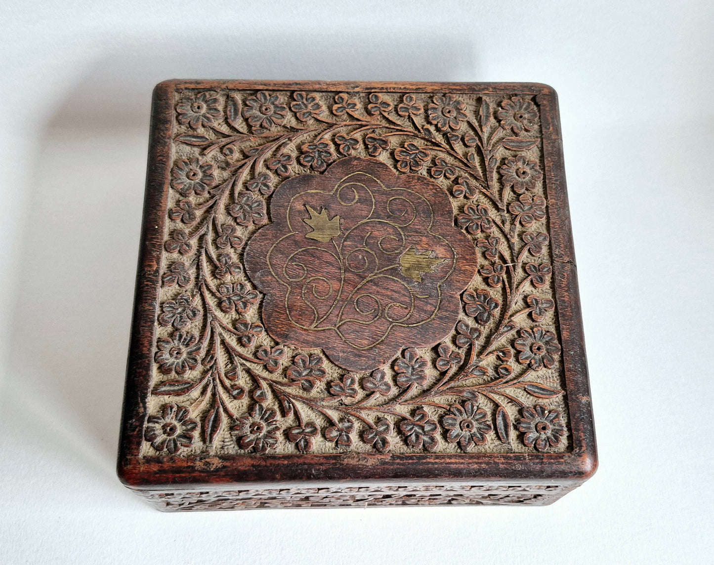 Vintage Heavily Finely Carved Floral Relief and Inlaid Wooden Trinket Box